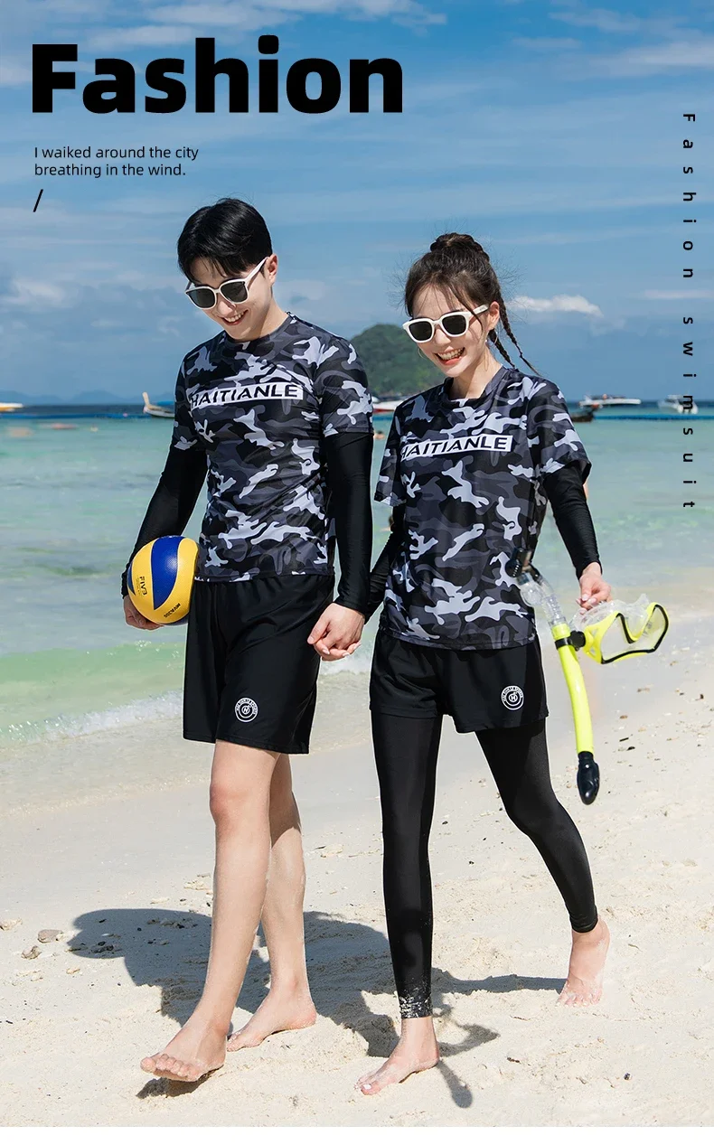 Two-Piece Long Sleeve Rash Guards Long Panty Swimsuit Couple Surfing Suit Camouflage Color Blocking Swimwear Diving Suit Bathing