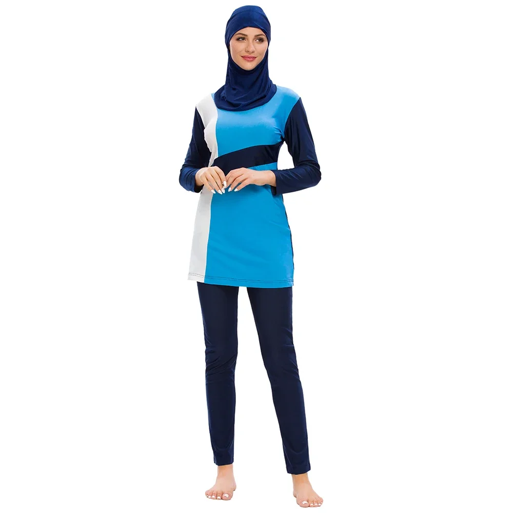 S-3XL high quality Burkini Muslim femmes swimsuit slim fit swimwear solid color patchwork  conservative 3pcs swimwear with cap