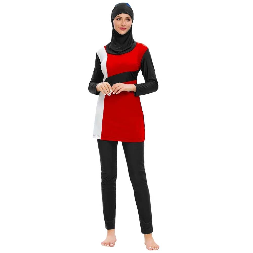 S-3XL high quality Burkini Muslim femmes swimsuit slim fit swimwear solid color patchwork  conservative 3pcs swimwear with cap