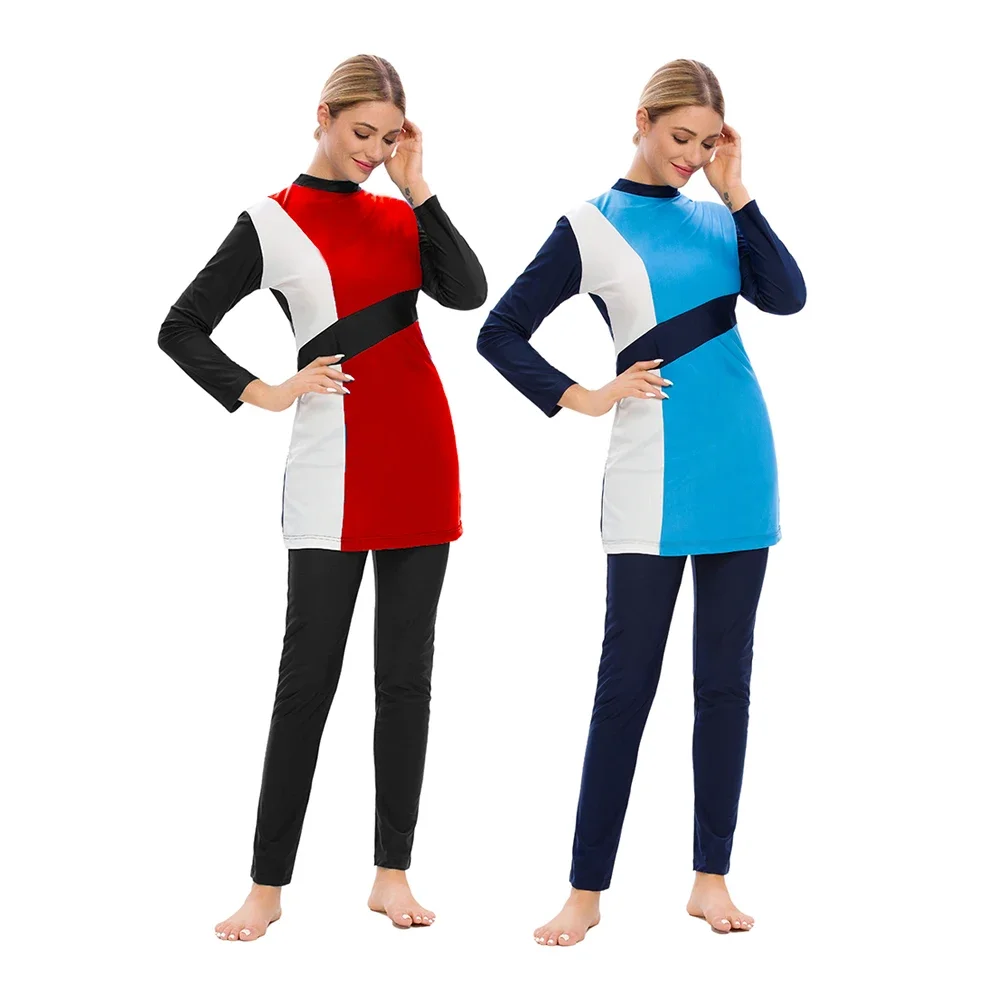 S-3XL high quality Burkini Muslim femmes swimsuit slim fit swimwear solid color patchwork  conservative 3pcs swimwear with cap