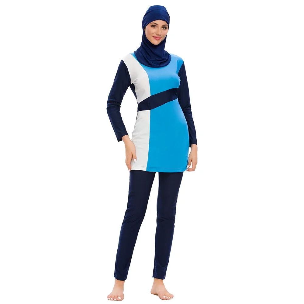 S-3XL high quality Burkini Muslim femmes swimsuit slim fit swimwear solid color patchwork  conservative 3pcs swimwear with cap