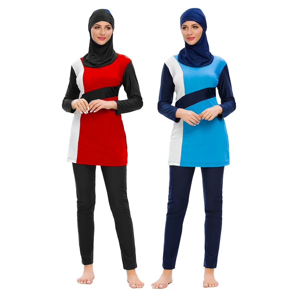 S-3XL high quality Burkini Muslim femmes swimsuit slim fit swimwear solid color patchwork  conservative 3pcs swimwear with cap