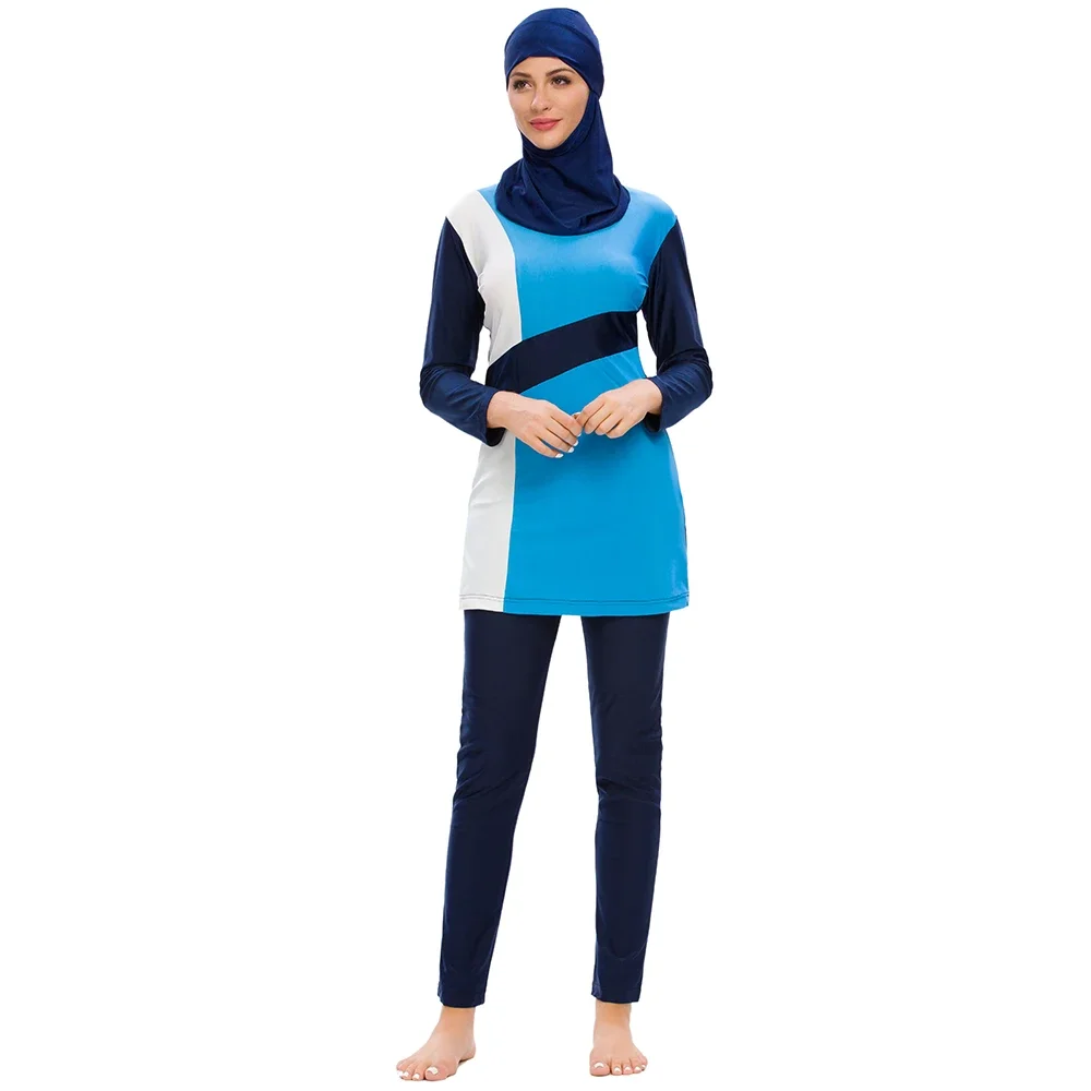 S-3XL high quality Burkini Muslim femmes swimsuit slim fit swimwear solid color patchwork  conservative 3pcs swimwear with cap