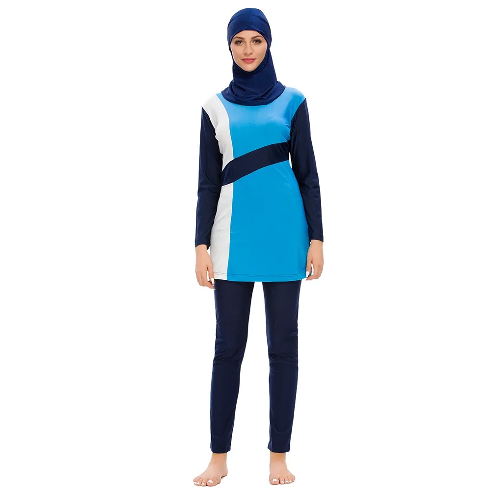 S-3XL high quality Burkini Muslim femmes swimsuit slim fit swimwear solid color patchwork  conservative 3pcs swimwear with cap