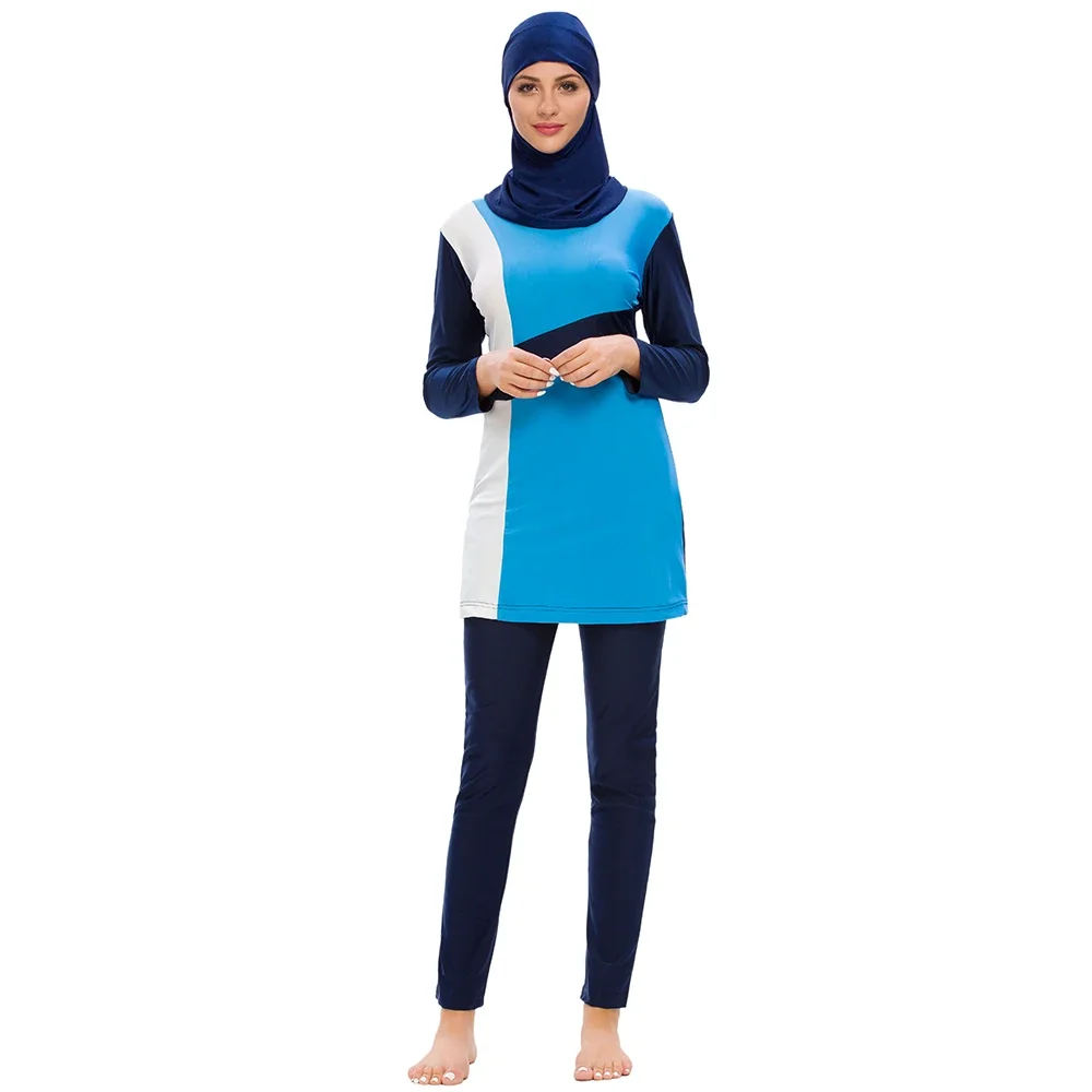 S-3XL high quality Burkini Muslim femmes swimsuit slim fit swimwear solid color patchwork  conservative 3pcs swimwear with cap