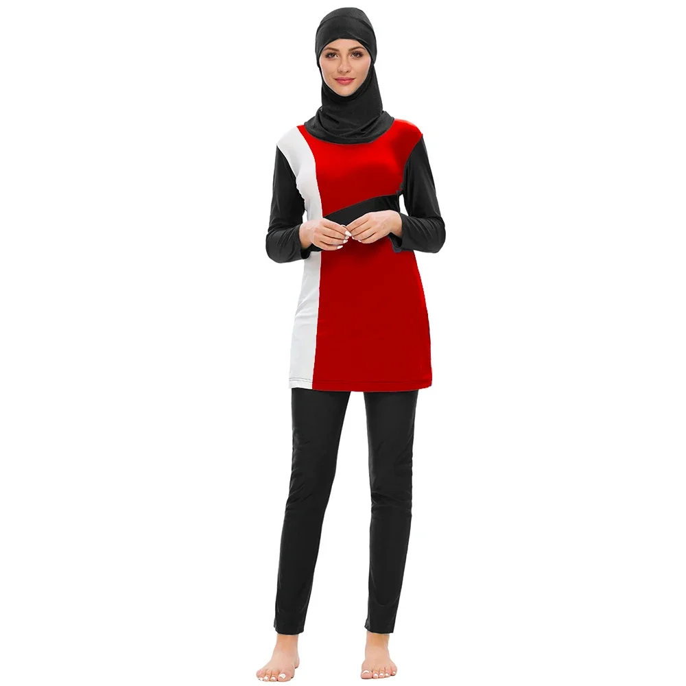 S-3XL high quality Burkini Muslim femmes swimsuit slim fit swimwear solid color patchwork  conservative 3pcs swimwear with cap