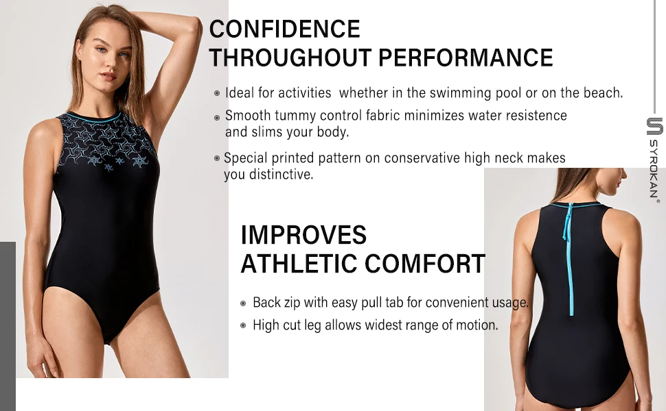 SYROKAN Women's Sleek High Neck Zipper Maillot Training Athletic One Piece Swimsuit Swimwear Summer Female Bathing Beachwear