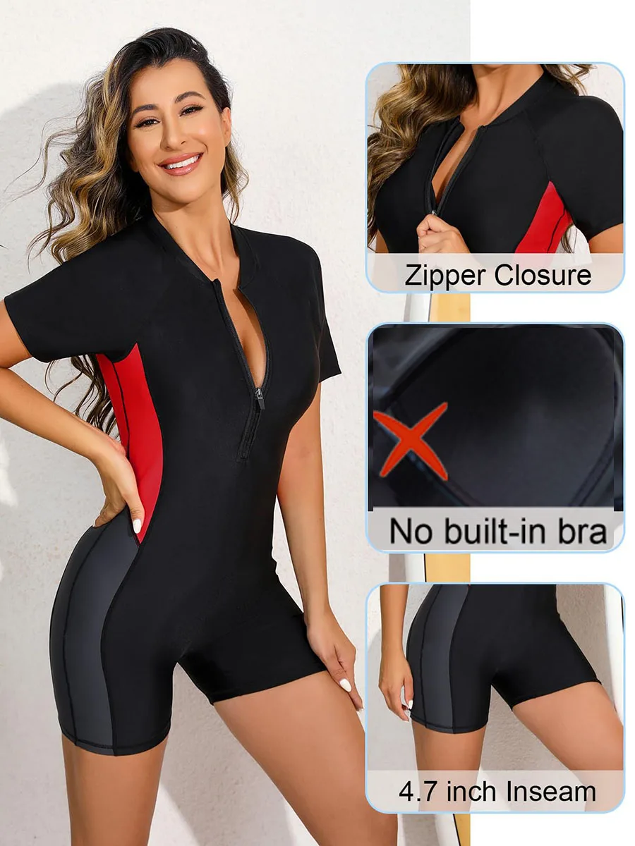 One Piece Quick-Drying Swimwear Sporty Swim Suit Short Sleeve Swimsuit Women Surfing Sun Protection（No built-in bra）