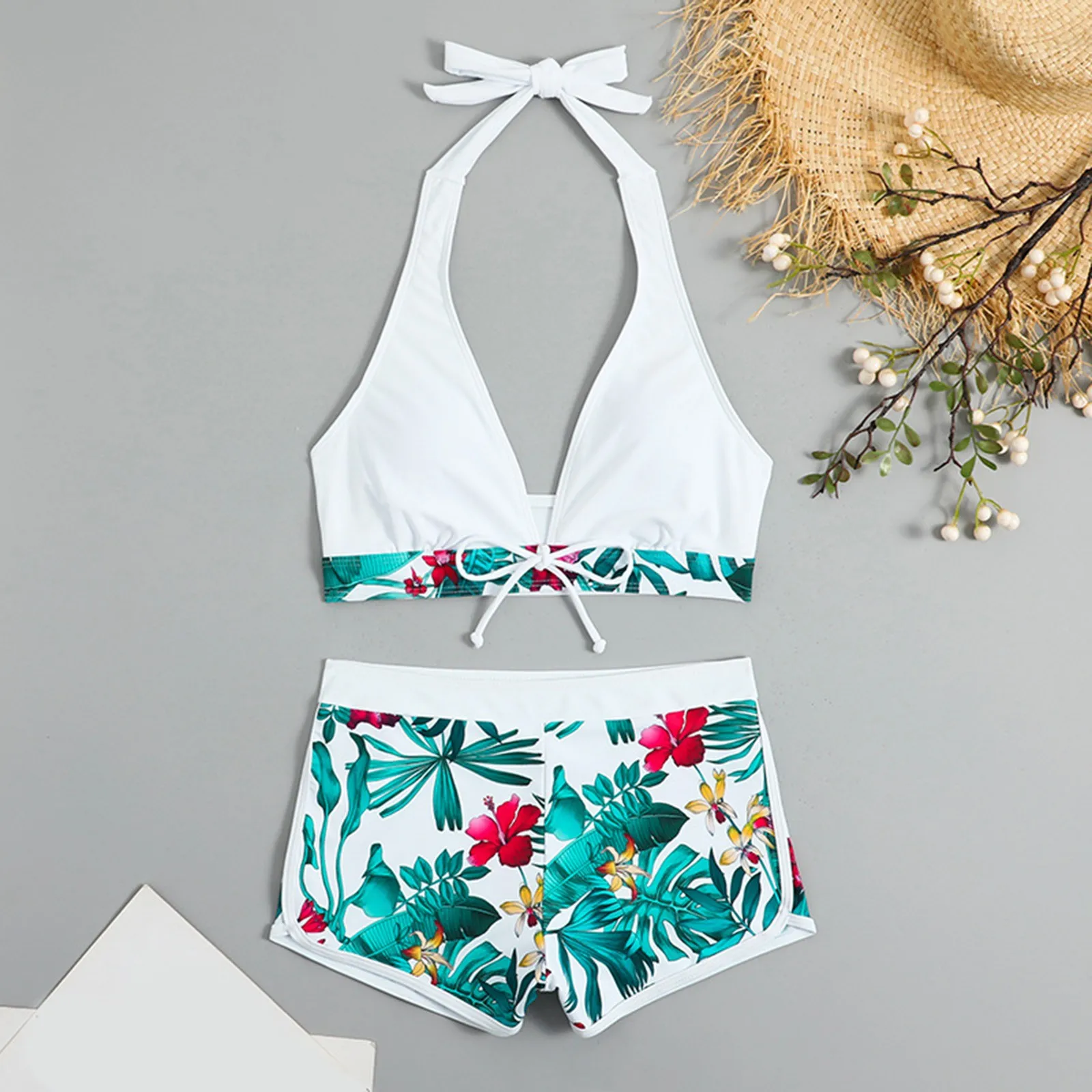 Tropical Print Bikinis Women Two Piece Swimsuit Ladies Shorts Halter Two Piece Swimwears Tankinis Set Summer Beach Wear Swimming