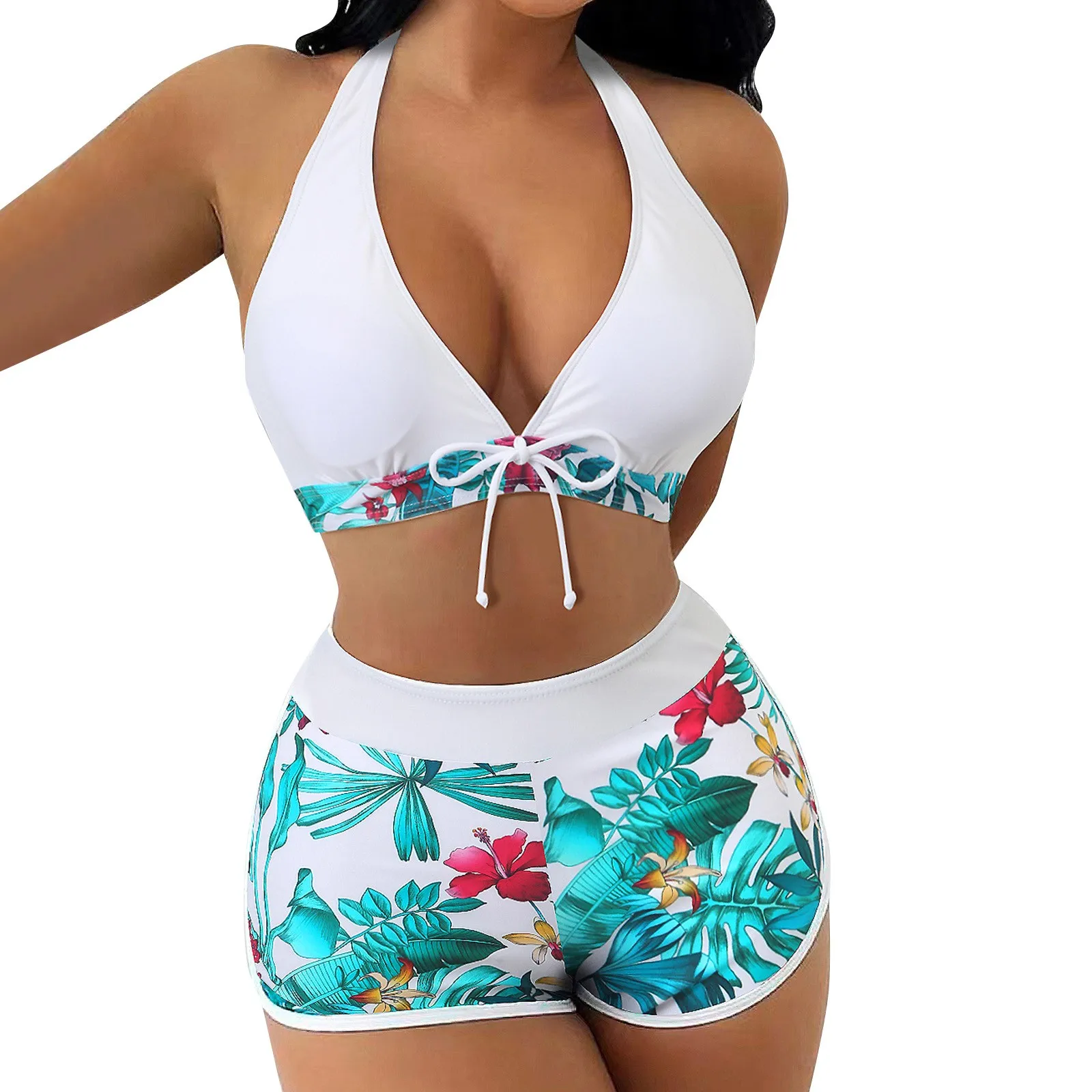 Tropical Print Bikinis Women Two Piece Swimsuit Ladies Shorts Halter Two Piece Swimwears Tankinis Set Summer Beach Wear Swimming