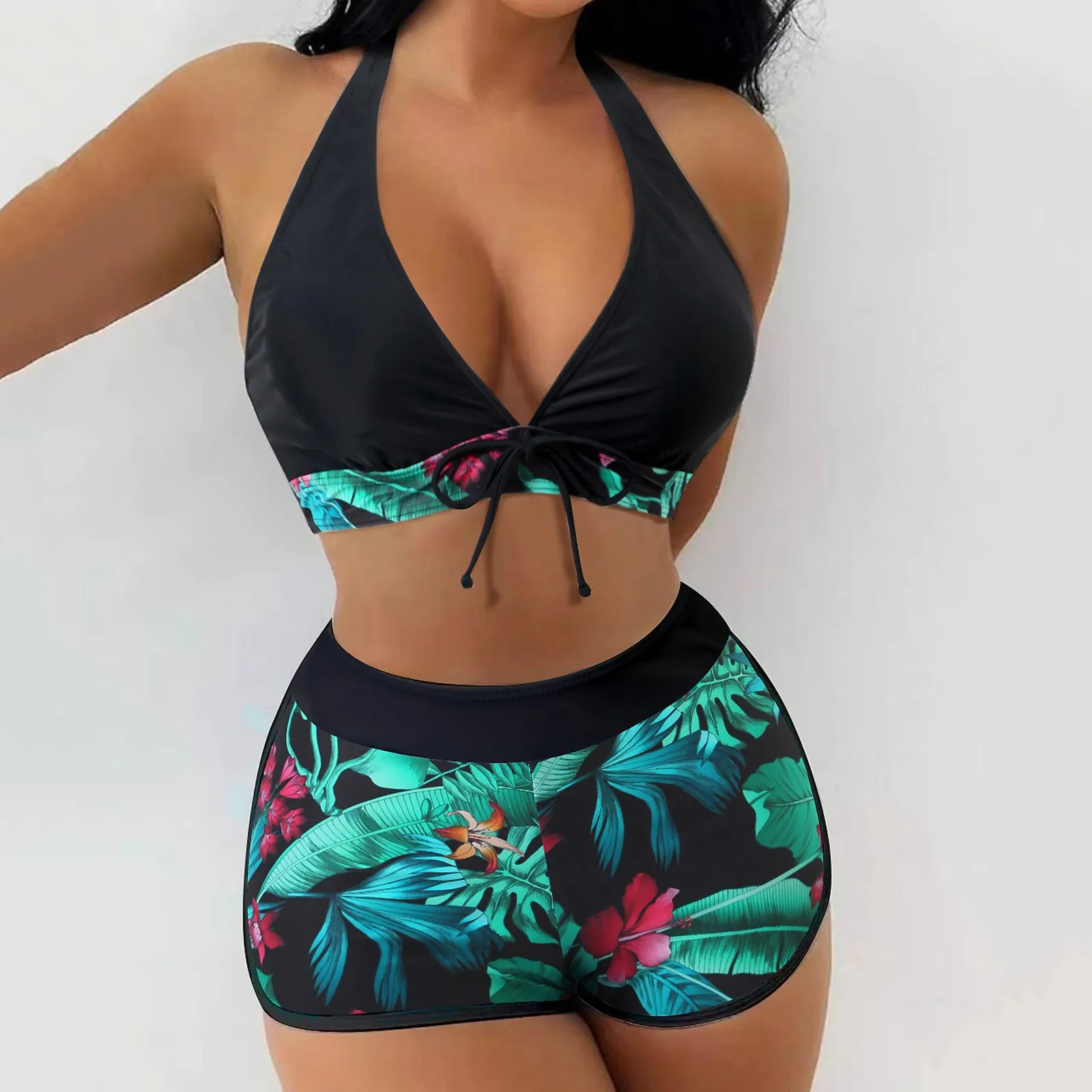 Tropical Print Bikinis Women Two Piece Swimsuit Ladies Shorts Halter Two Piece Swimwears Tankinis Set Summer Beach Wear Swimming