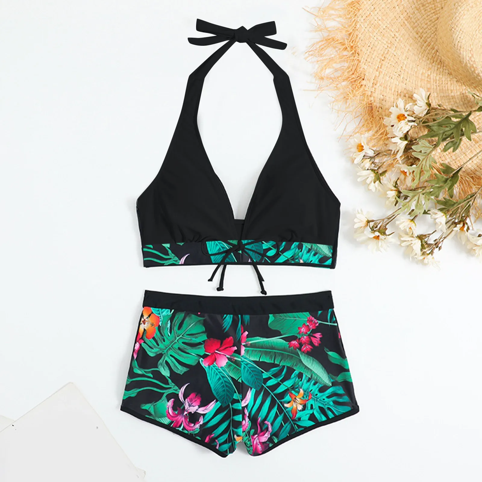 Tropical Print Bikinis Women Two Piece Swimsuit Ladies Shorts Halter Two Piece Swimwears Tankinis Set Summer Beach Wear Swimming