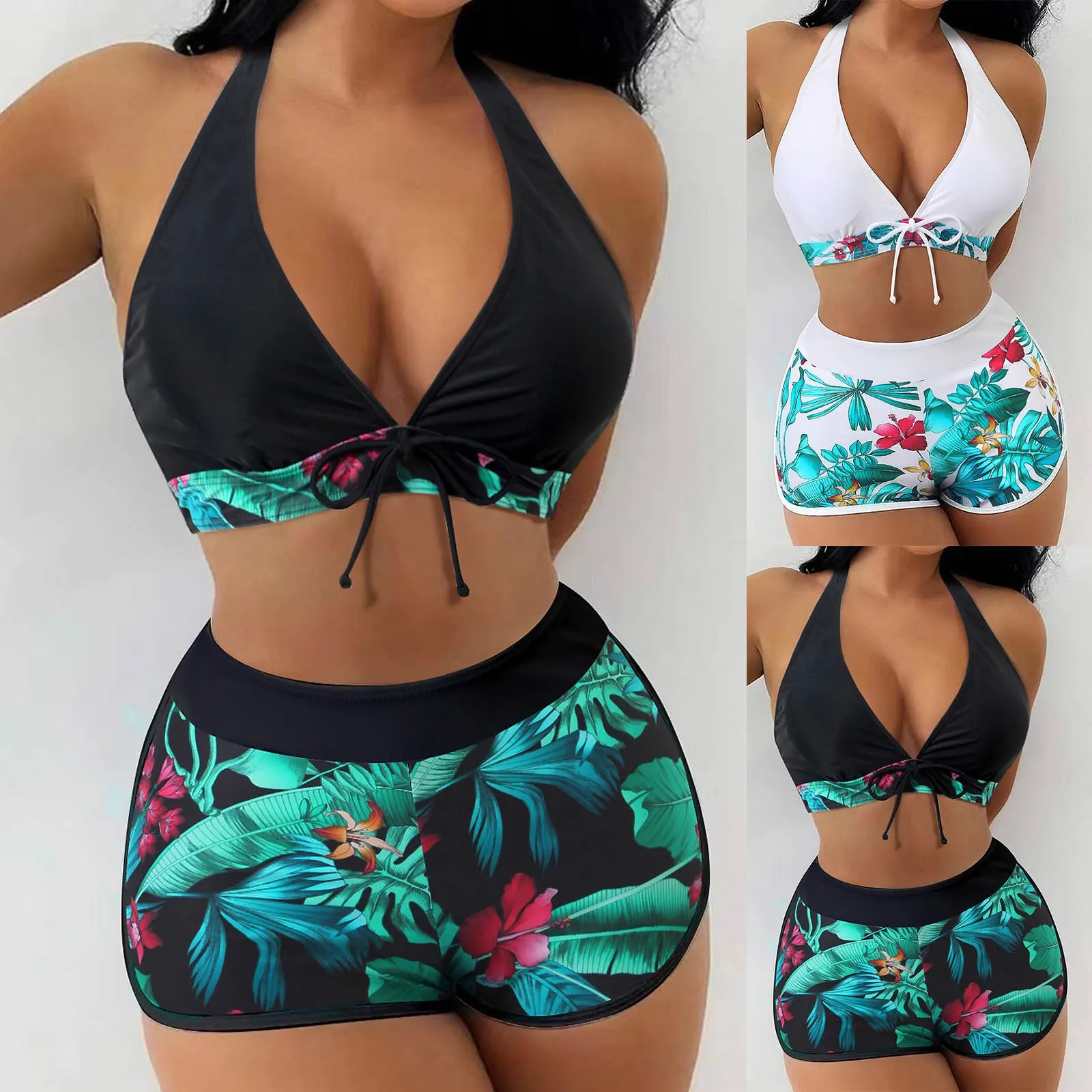 Tropical Print Bikinis Women Two Piece Swimsuit Ladies Shorts Halter Two Piece Swimwears Tankinis Set Summer Beach Wear Swimming