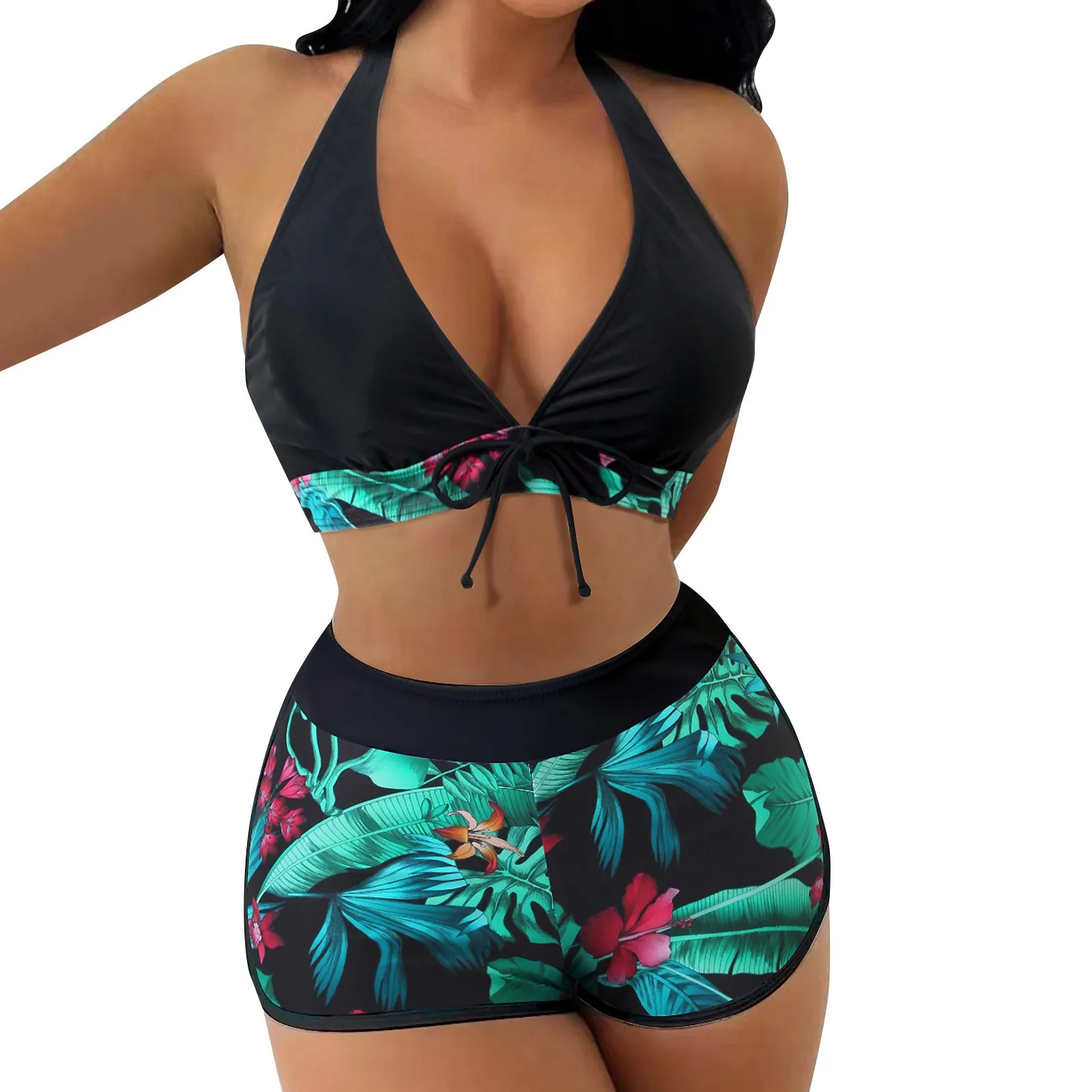 Tropical Print Bikinis Women Two Piece Swimsuit Ladies Shorts Halter Two Piece Swimwears Tankinis Set Summer Beach Wear Swimming