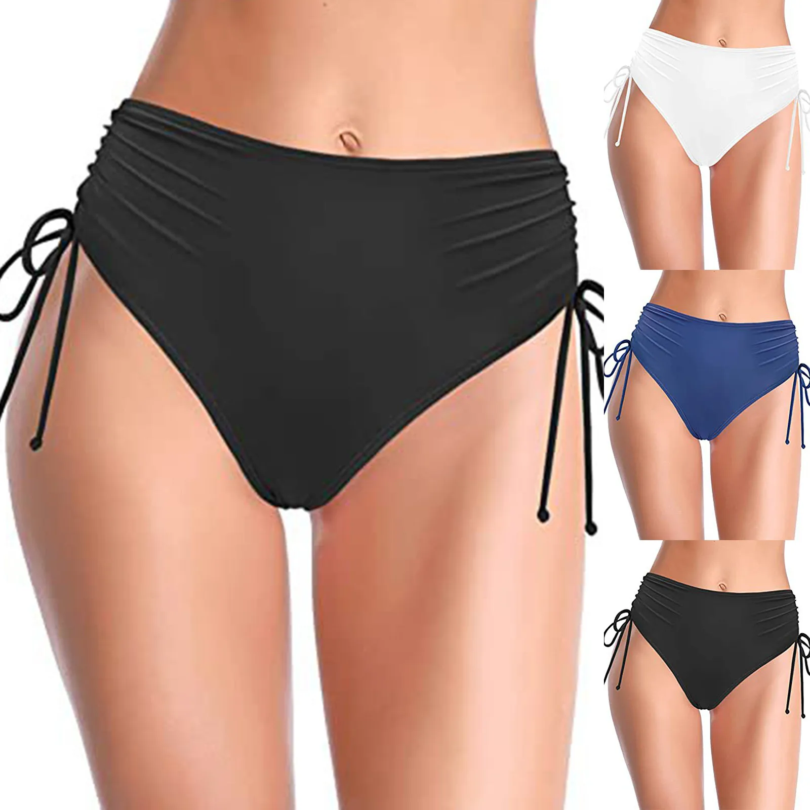 Women Swim Shorts Ladies Solid High Waist Brazilian Bikini Bottom Side Drawstring Beachwear Swimwear Briefs Swimming Shorts