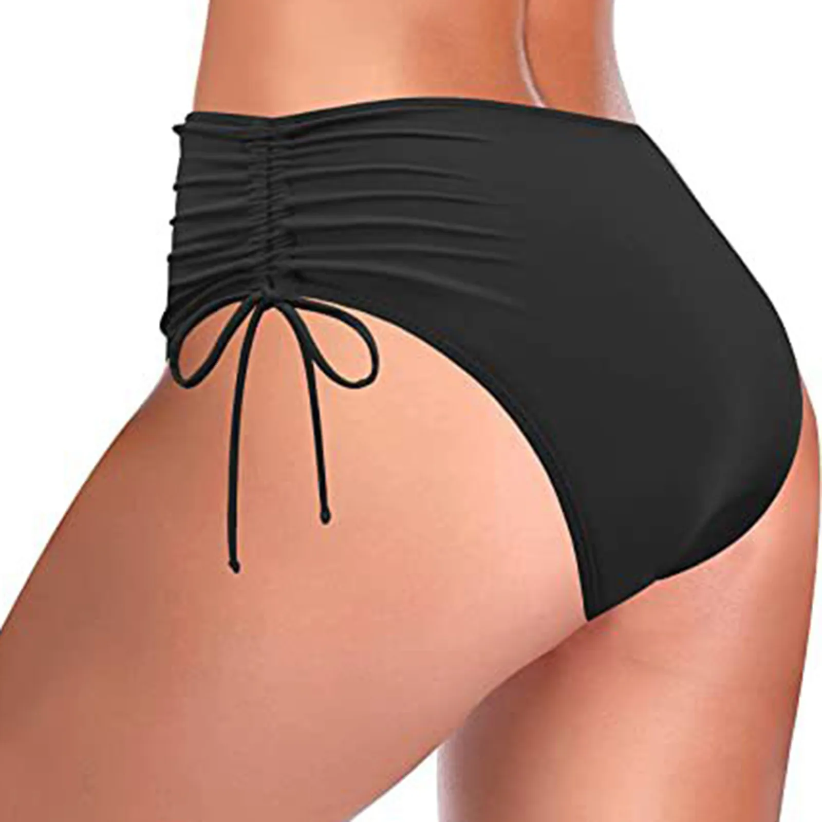 Women Swim Shorts Ladies Solid High Waist Brazilian Bikini Bottom Side Drawstring Beachwear Swimwear Briefs Swimming Shorts