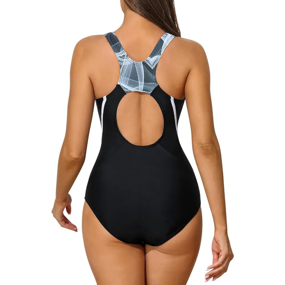 Attraco Women One-piece Sports Swimsuit Printed High Elastic U Neck Racerback  Professional Training Swimwear Bathing Suit