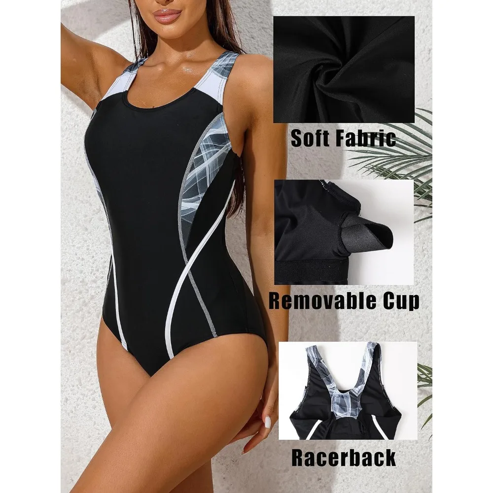 Attraco Women One-piece Sports Swimsuit Printed High Elastic U Neck Racerback  Professional Training Swimwear Bathing Suit