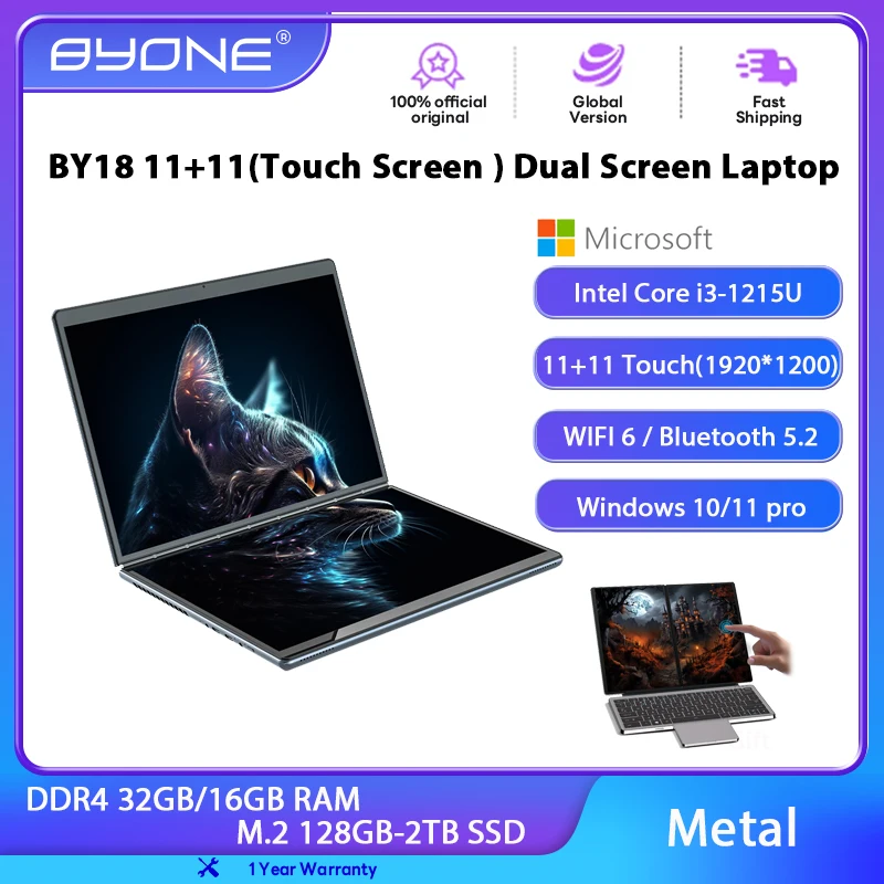 BYONE 11+11 Inch Dual Screen Laptop Intel Core I3 Gaming Laptop Dual Touch Screen Win11 Office Computer Tablet PC Notebook WiFi6