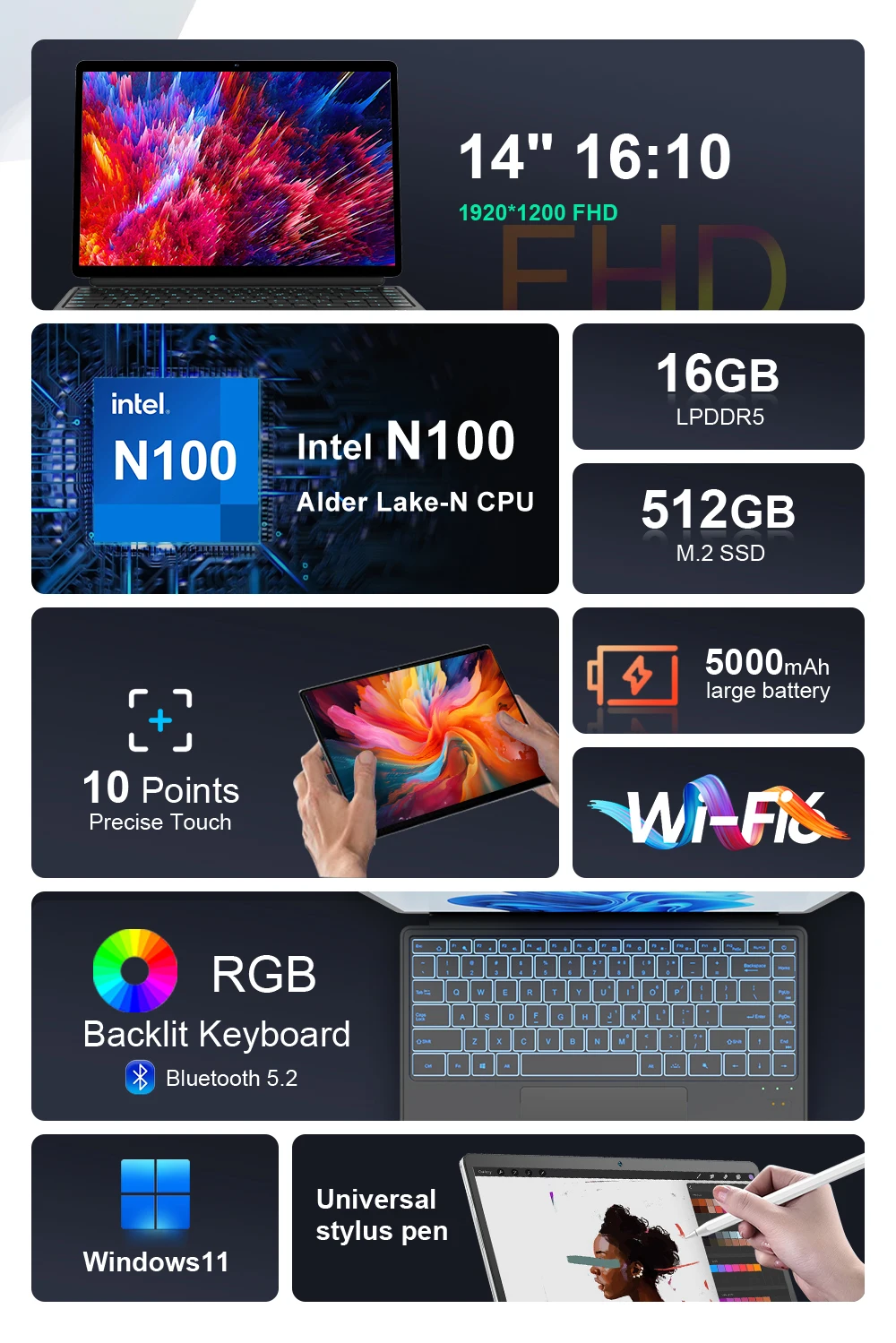 Ninkear T40 Laptop 2 in 1 TouchScreen Tablet Notebook Intel N100 14 Inch FHD 16GB DDR5+512GB SSD Wifi 6 RGB Backlit With Stylus