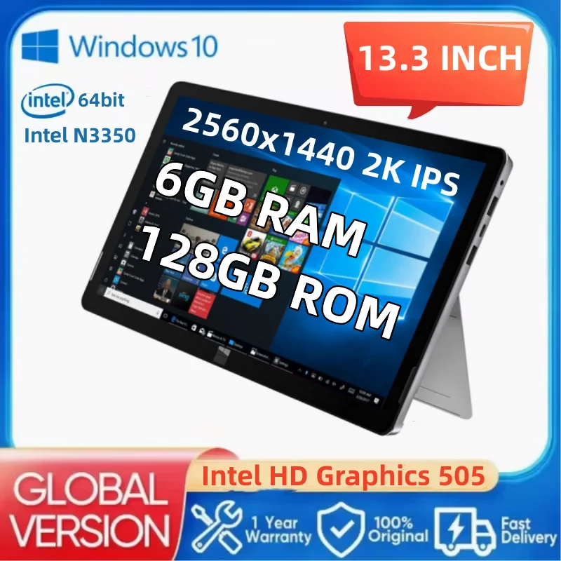 13.3'' Portable 6GB DDR3-RAM 128GB EMMC Windows 10 Tablets 2560x1440 2K IPS 64bit Intel Atom N3350 Dual Camera Type-C