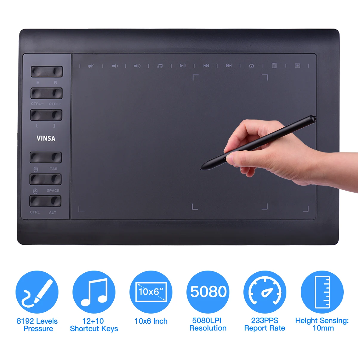 10x6 Inch Professional Graphics Drawing Tablet 8192 Levels Stylus Support PC/Laptop Compatible w/ Windows Mac for Painting