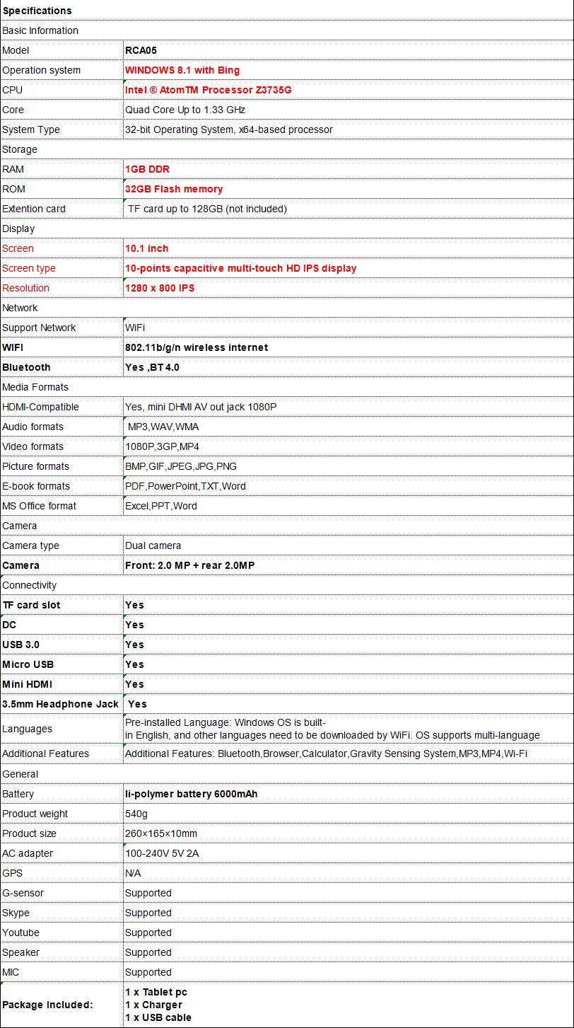 2GB RAM 32G ROM 10.1 '' X5-Z8350 CPU Windows 10/8  Z3735F Tablet PC RCA03  Dual Camera WIFI  5000mAh Quad Core 1280 x 800 IPS