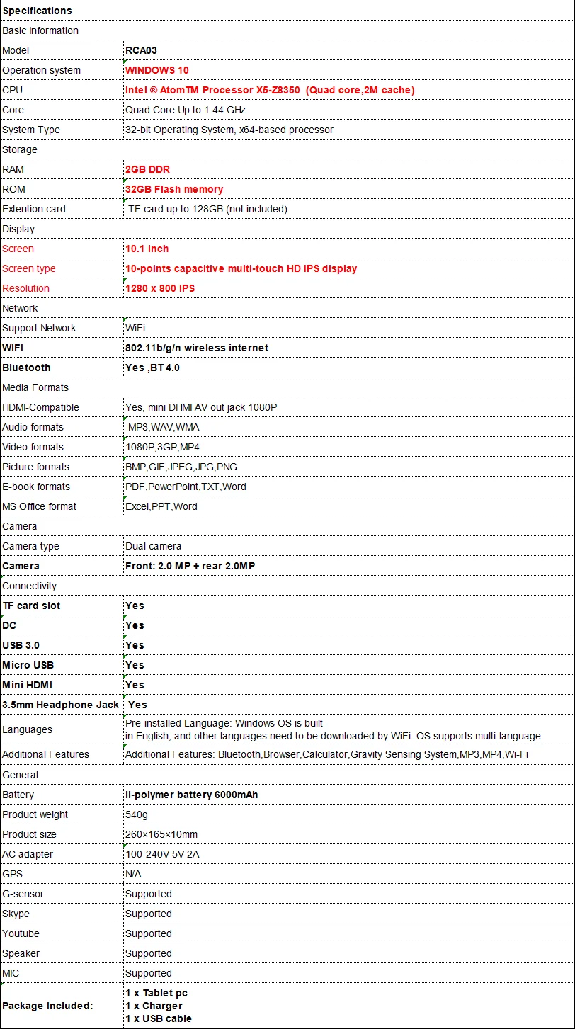2GB RAM 32G ROM 10.1 '' X5-Z8350 CPU Windows 10/8  Z3735F Tablet PC RCA03  Dual Camera WIFI  5000mAh Quad Core 1280 x 800 IPS