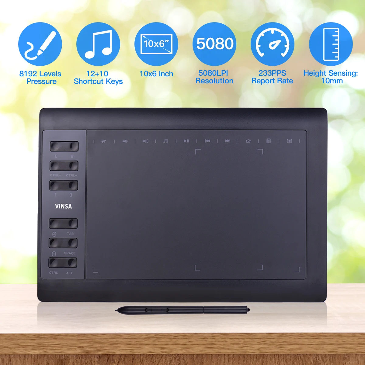 10x6 Inch Graphics Drawing Tablet Support PC/Laptop Connection Compatible with Windows Mac for Painting Designing Online Course