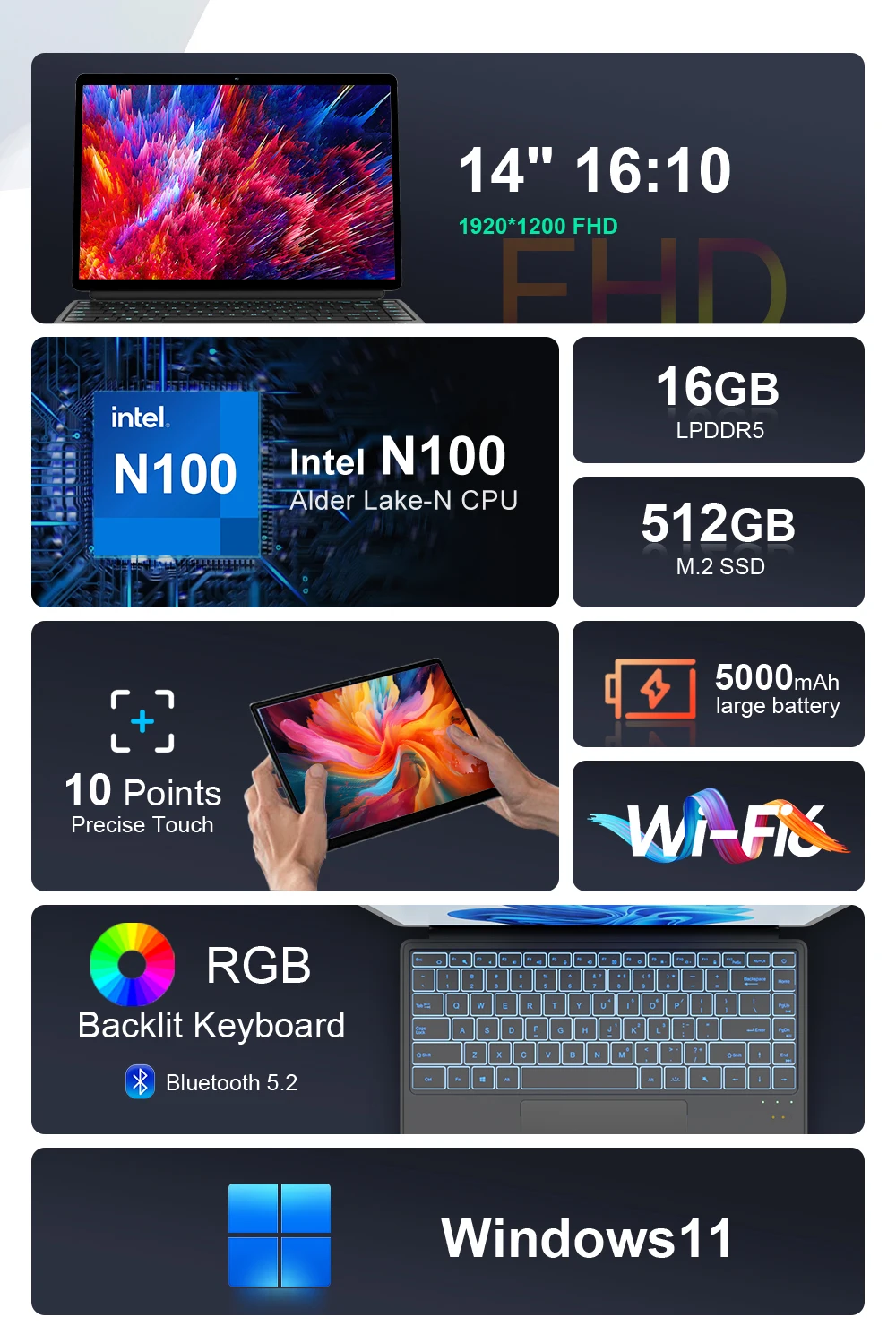 Ninkear T40 Laptop TouchScreen 2 in 1 Tablet Intel N100 14 Inch FHD 16GB DDR5+512GB SSD Wifi 6 RGB Backlit Keyboard With Stylus