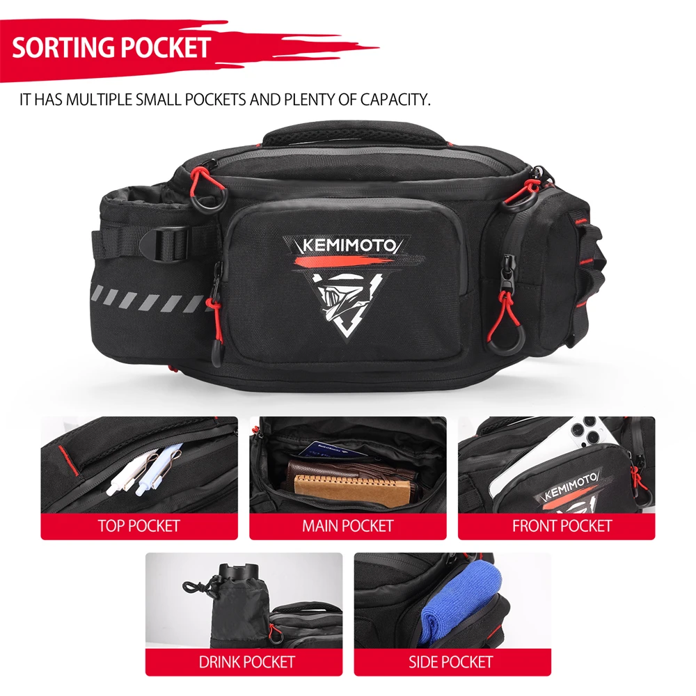 KEMIMOTO Motorcycle Waist Bag Outdoor 5L Multifunction Hip Bag Pockets With Drink Holder Waist Bag for Men/Women Travel Tool Bag