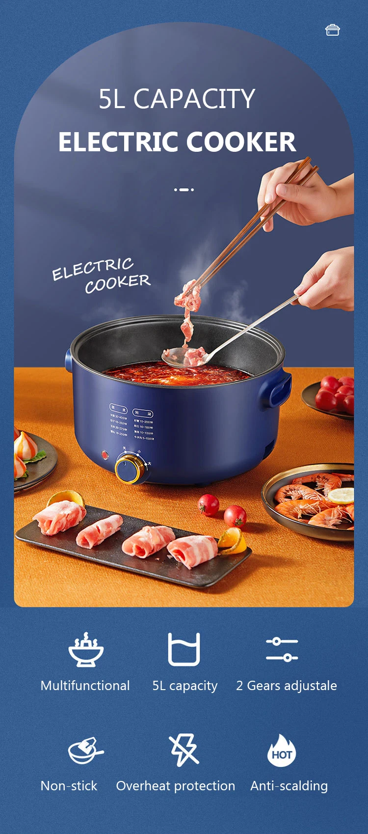 DMWD 5L Multifunctional Electric Cooker Hot pot Non-stick Multicooker 1.3KW Power Adjustable Dorm Stir-frying Pan Noodles boiler