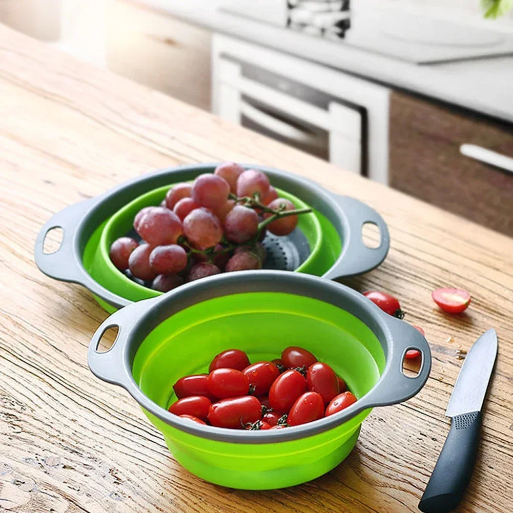 Silicone Folding Drain Basket Fruit Vegetable Washing Basket Foldable Strainer Colander Collapsible Drainer Kitchen Storage Tool