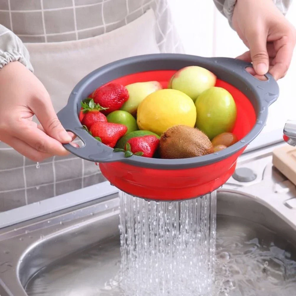 Silicone Folding Drain Basket Fruit Vegetable Washing Basket Foldable Strainer Colander Collapsible Drainer Kitchen Storage Tool