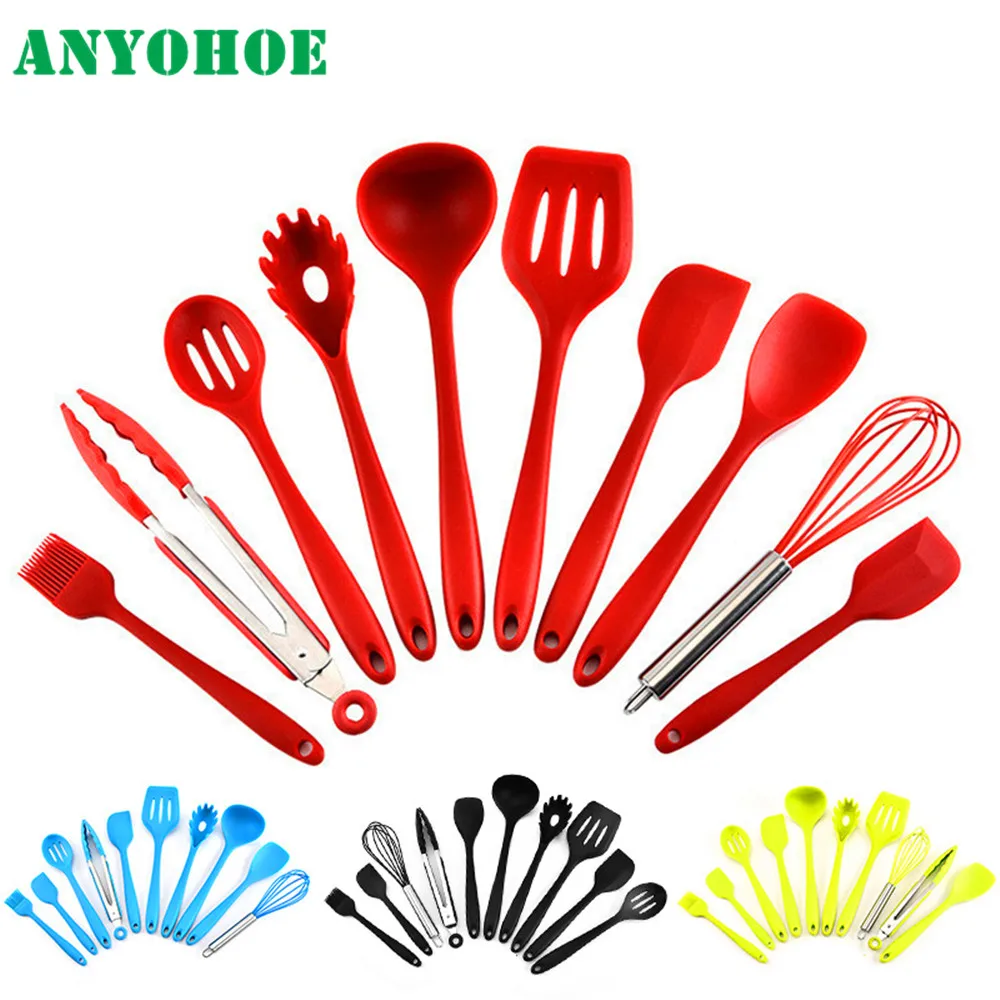 10 Pcs/Set Silicone Kitchen Utensils Set Non-Stick Silicone Tong Spoon Spatula Pasta Server Whisk Ladle Strainer Cooking Tools