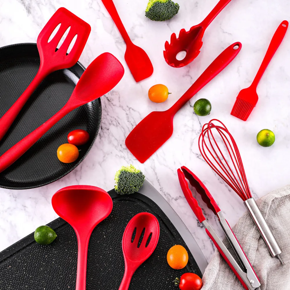 10 Pcs/Set Silicone Kitchen Utensils Set Non-Stick Silicone Tong Spoon Spatula Pasta Server Whisk Ladle Strainer Cooking Tools