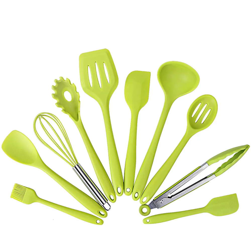 10 Pcs/Set Silicone Kitchen Utensils Set Non-Stick Silicone Tong Spoon Spatula Pasta Server Whisk Ladle Strainer Cooking Tools