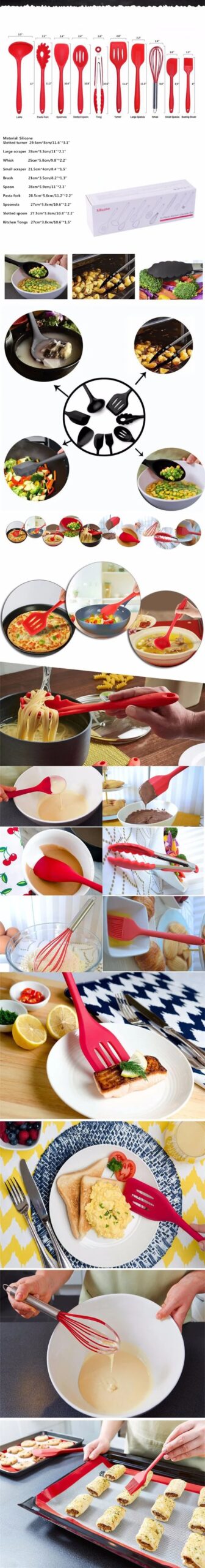 10 Pcs/Set Silicone Kitchen Utensils Set Non-Stick Silicone Tong Spoon Spatula Pasta Server Whisk Ladle Strainer Cooking Tools