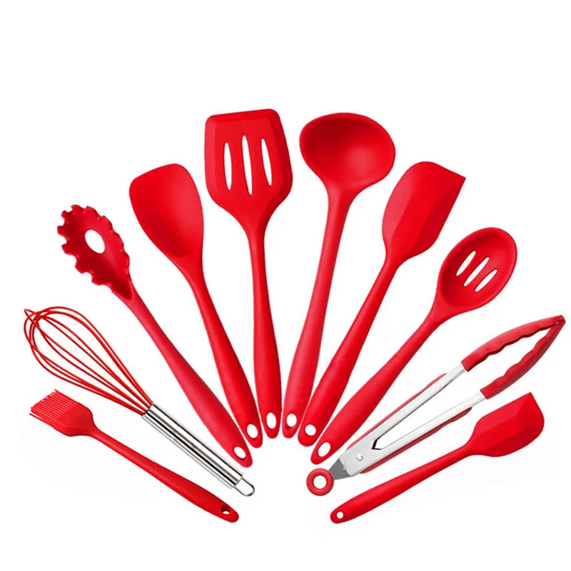 10 Pcs/Set Silicone Kitchen Utensils Set Non-Stick Silicone Tong Spoon Spatula Pasta Server Whisk Ladle Strainer Cooking Tools