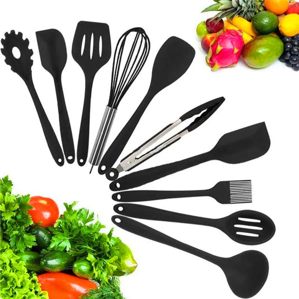 10 Pcs/Set Silicone Kitchen Utensils Set Non-Stick Silicone Tong Spoon Spatula Pasta Server Whisk Ladle Strainer Cooking Tools