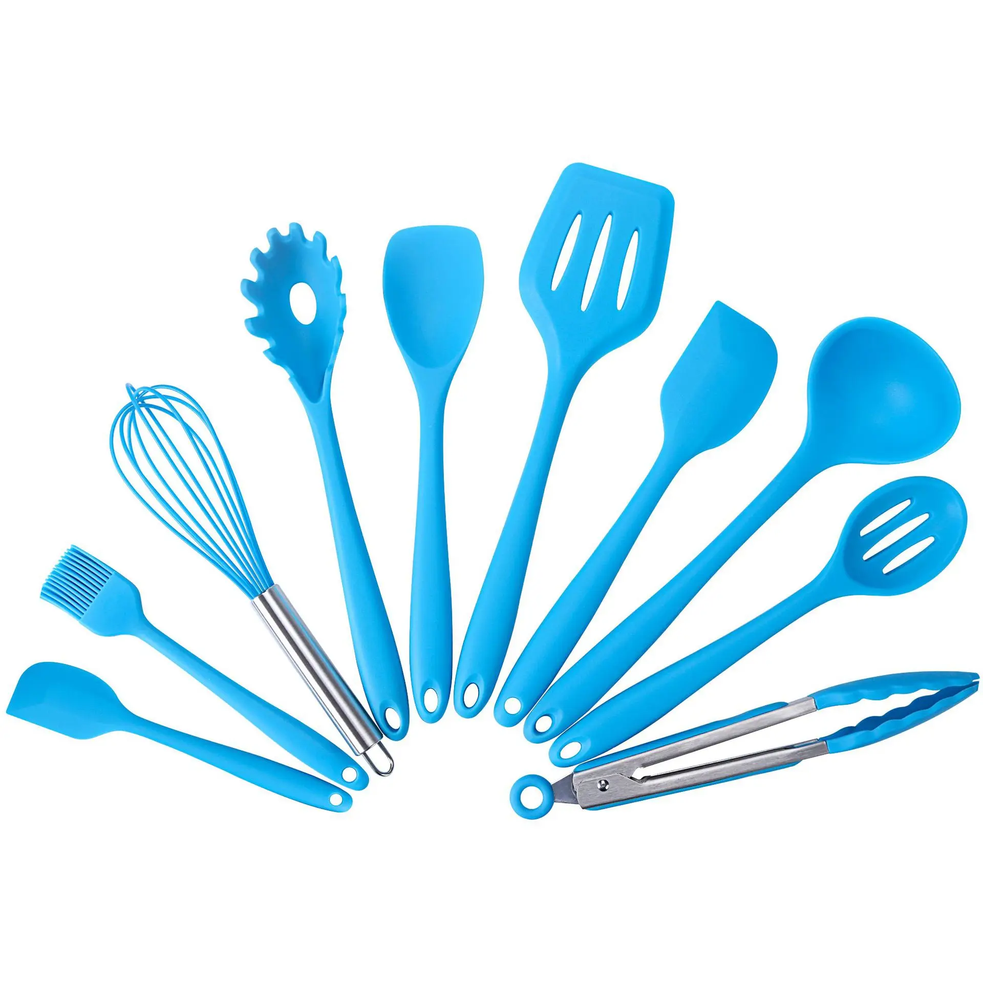 10 Pcs/Set Silicone Kitchen Utensils Set Non-Stick Silicone Tong Spoon Spatula Pasta Server Whisk Ladle Strainer Cooking Tools