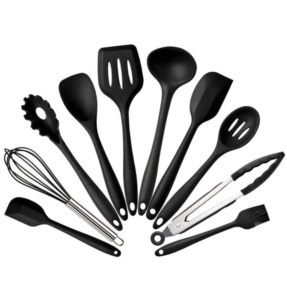 10 Pcs/Set Silicone Kitchen Utensils Set Non-Stick Silicone Tong Spoon Spatula Pasta Server Whisk Ladle Strainer Cooking Tools