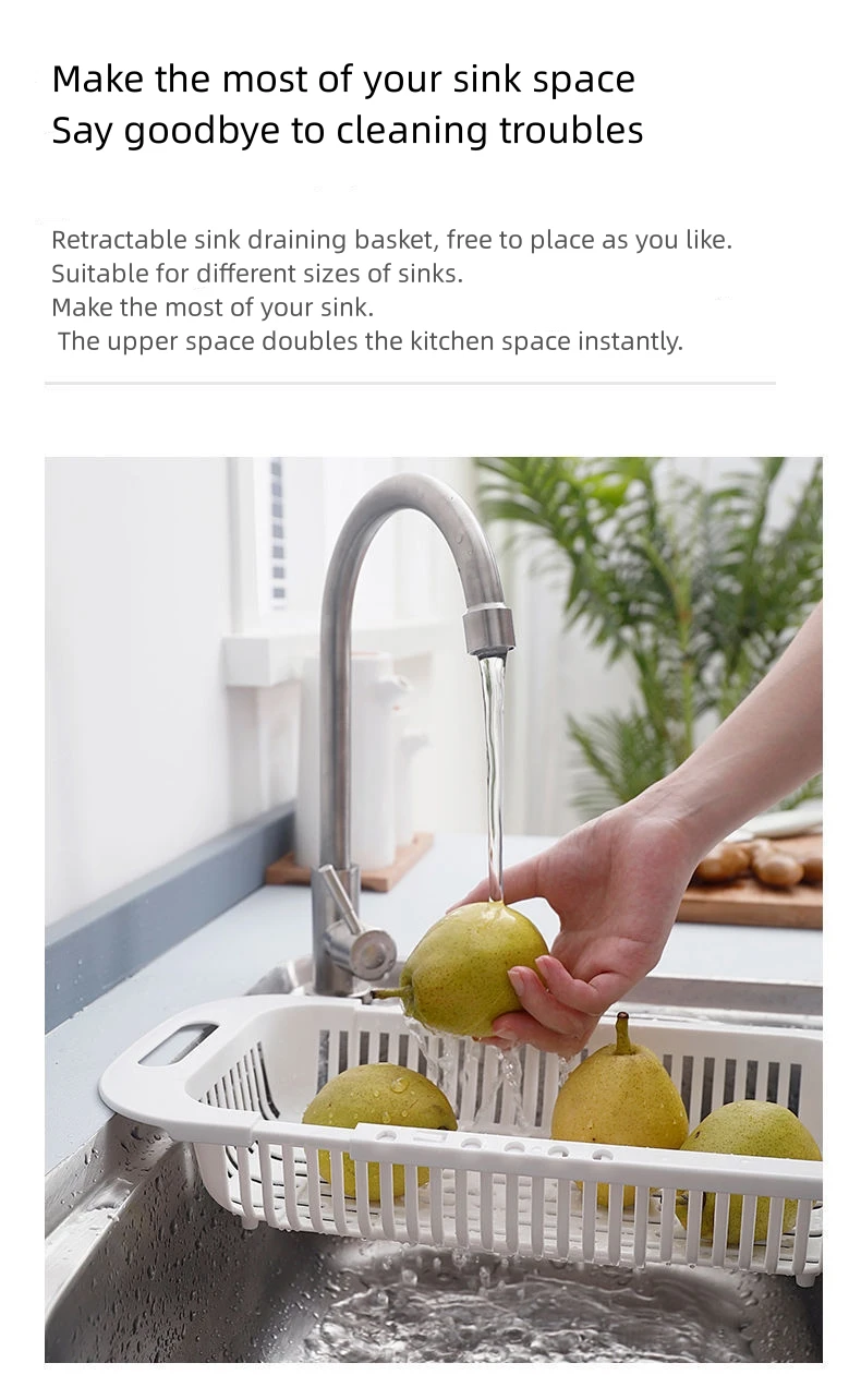 1PC Simple New Retractable Sink Cutout Drain Basket Thick Durable Kitchen Multifunctional Fruit and Vegetable Washing Basket