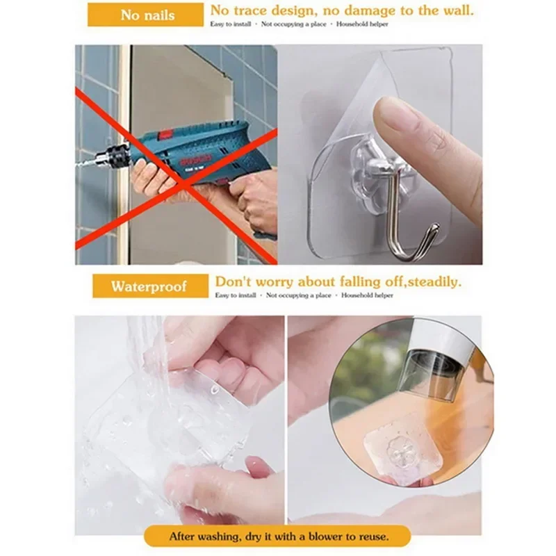 1-20Pcs Bathroom Hook Transparent Wall Hooks Hangers Self Adhesive Door Wall Hangers Hooks for Key Bag Kitchen Bath Accessories