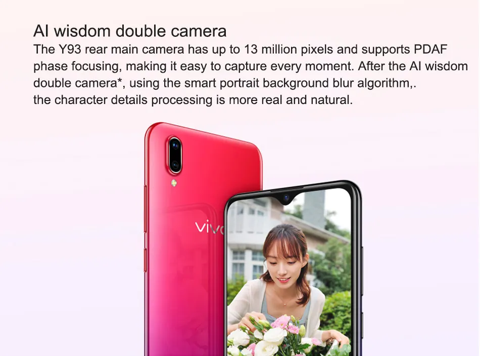 VIVO Y93 Smartphone 4GB RAM 64GB ROM Octa core Android 8.1 6.2'' 13MP+2.0MP Camera Face ID cellphones Dual SIM